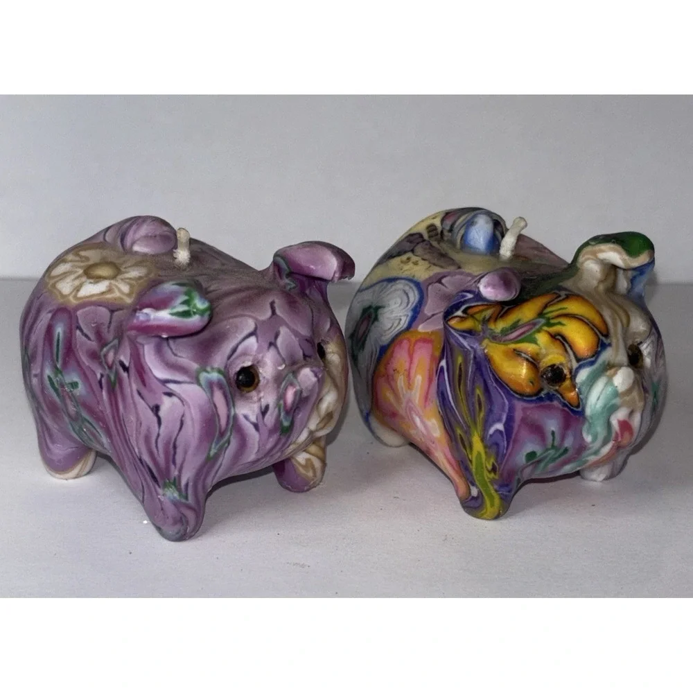 Vintage Marbled Pig Candles - Set of 2 - Retro Figural Wax Decor - Unburnt